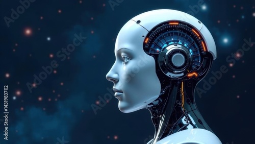 AI Artificial Intelligence Robot Head with digital graphic Brain Engine inside futuristic space background. Process of generating new ideas