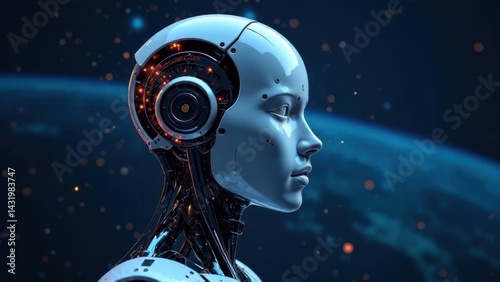 AI Artificial Intelligence Robot Head with digital graphic Brain Engine inside futuristic space background. Process of generating new ideas