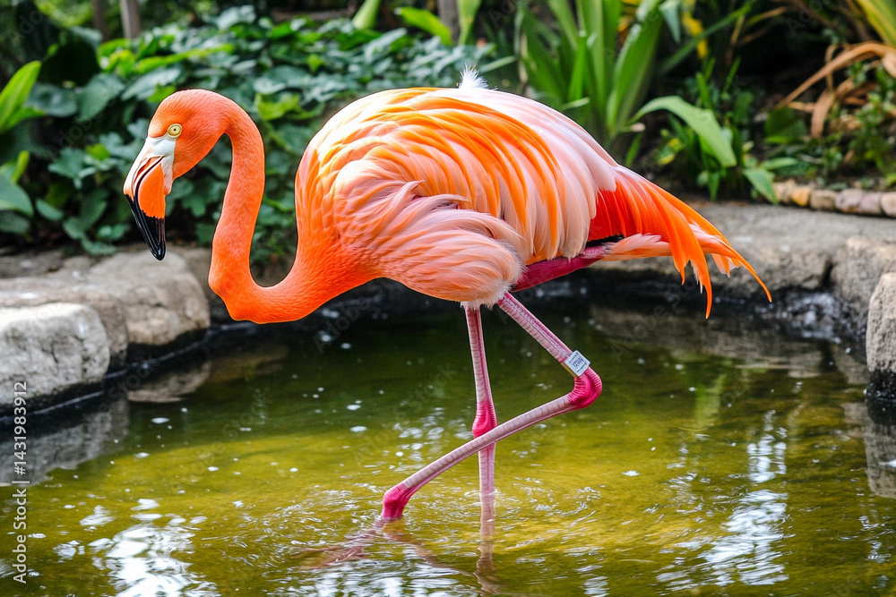 Fototapeta premium Flamingo stands gracefully on one leg in shallow water surrounded by lush greenery and vibrant flora