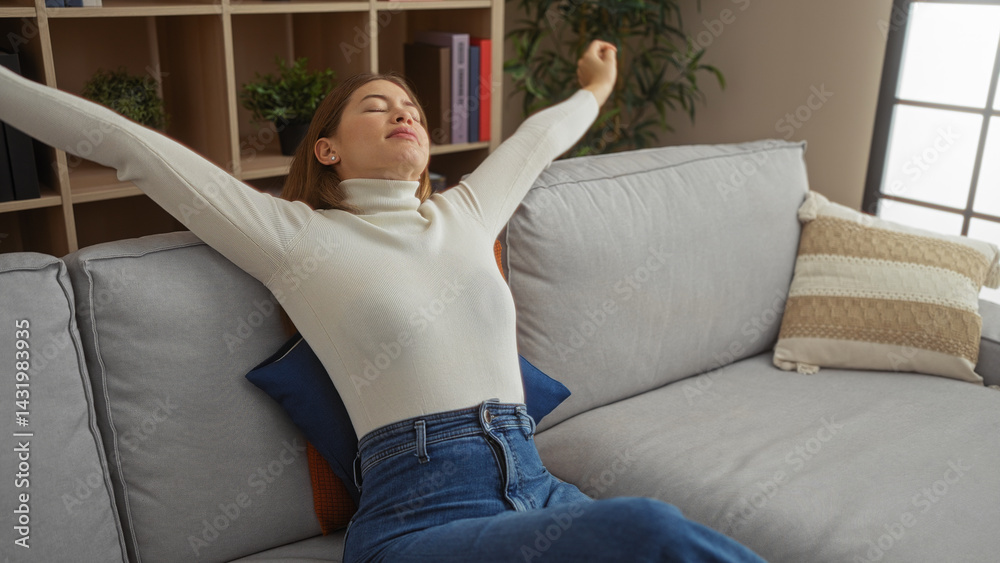 Woman relaxing on a comfortable couch in a cozy living room, wearing casual outfit, surrounded by modern decor and soft pillows, exuding a sense of calmness and contentment.
