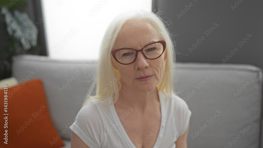 Elderly woman with albinism sitting in a cozy living room, wearing glasses and a white shirt, appears thoughtful in her home environment.
