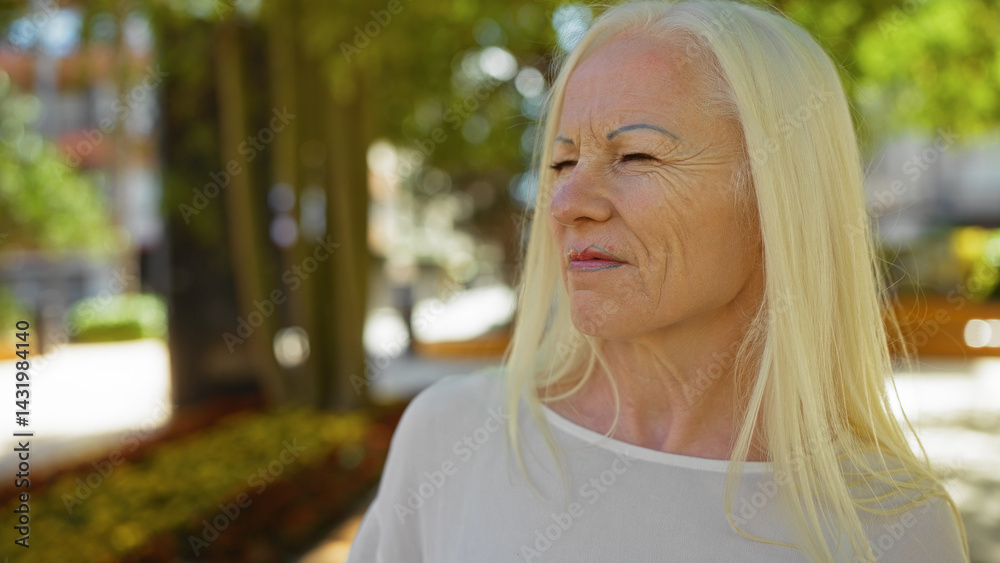 Woman with albinism and blonde hair stands outdoors in an urban park setting, basking in the sun with a thoughtful expression on her middle-aged face, surrounded by greenery.