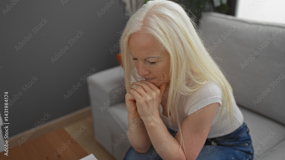 Woman with albinism sitting thoughtfully in a cozy living room, her hands clasped, exuding contemplation and emotion in a serene apartment setting.