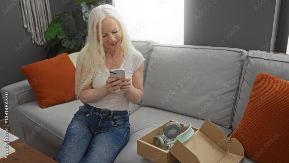 Woman sitting on sofa in living room looking at smartphone next to open package with headphones surrounded by modern interior