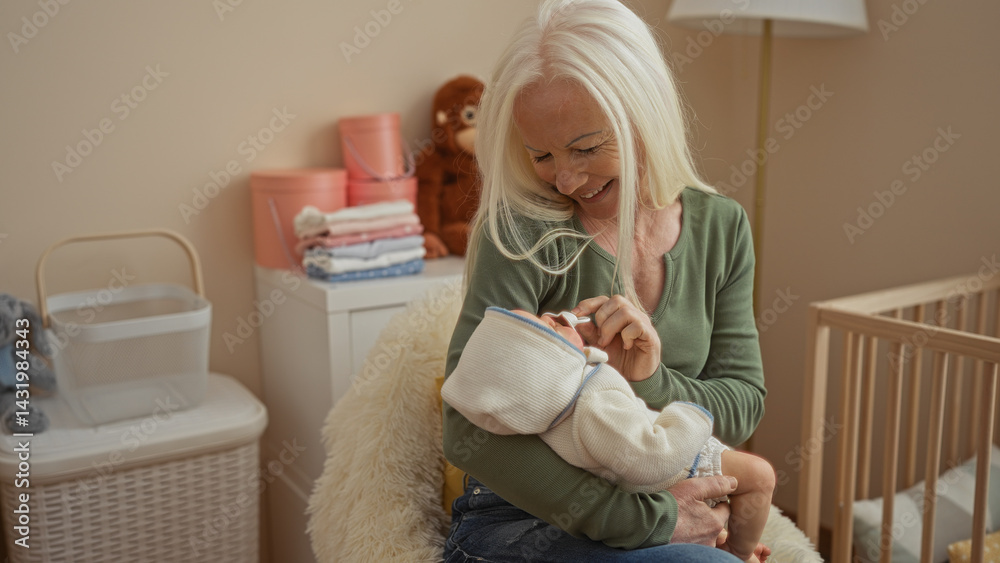 Woman smiling while holding baby in cozy bedroom with cradle and plush toy, showcasing nurturing moment indoors.
