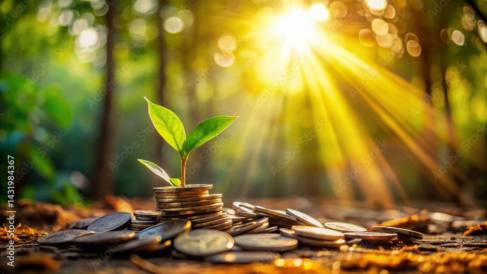 Young Plant Sprouting from Coin Pile in Forest - Nature's Growth & Finance Concept Stock Photo