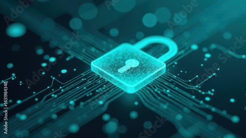 A digital padlock on a teal circuit board background symbolizes cybersecurity and technology safety
