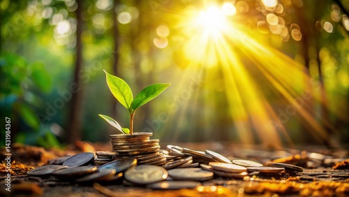 Young Plant Sprouting from Coin Pile in Forest - Nature's Growth & Finance Concept Stock Photo