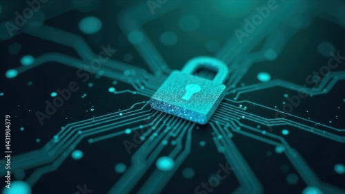 A digital padlock on a teal circuit board background symbolizes cybersecurity and technology safety