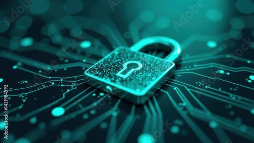 A digital padlock on a teal circuit board background symbolizes cybersecurity and technology safety