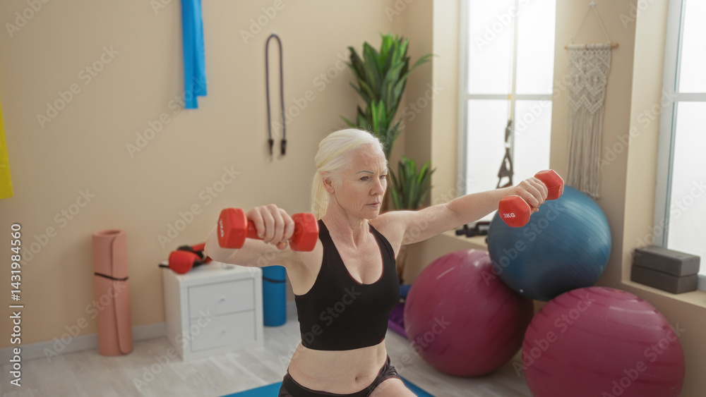 Woman exercising with dumbbells in a gym with fitness equipment, demonstrating strength and determination, highlighting her commitment to a healthy lifestyle in a supportive setting.