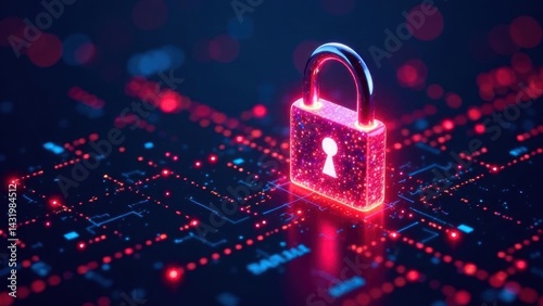 A glowing padlock surrounded by vibrant digital data streams, symbolizing cybersecurity and data protection in a modern, high-tech environment