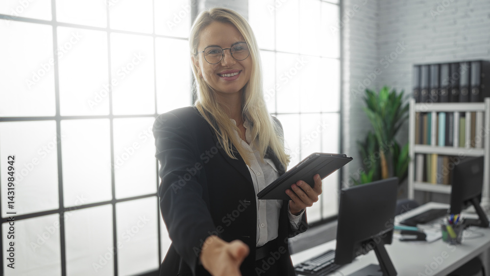 Woman smiling in office extends handshake holding tablet in modern workplace with computers, glass windows, and bookshelves, highlighting professional and friendly interaction.