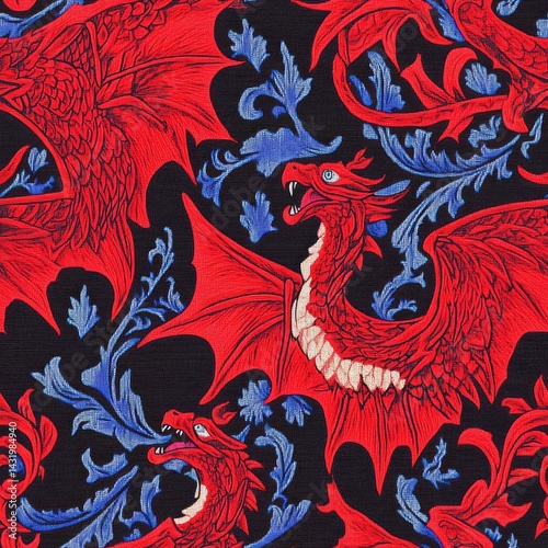 Vibrant Red Dragons on Dark Fabric: A Medieval Tapestry Inspired Design