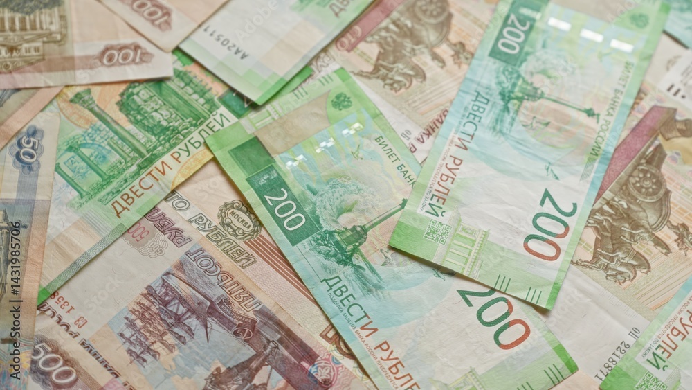 Russian rubles banknotes scattered display colorful currency background symbolizing finance economy wealth