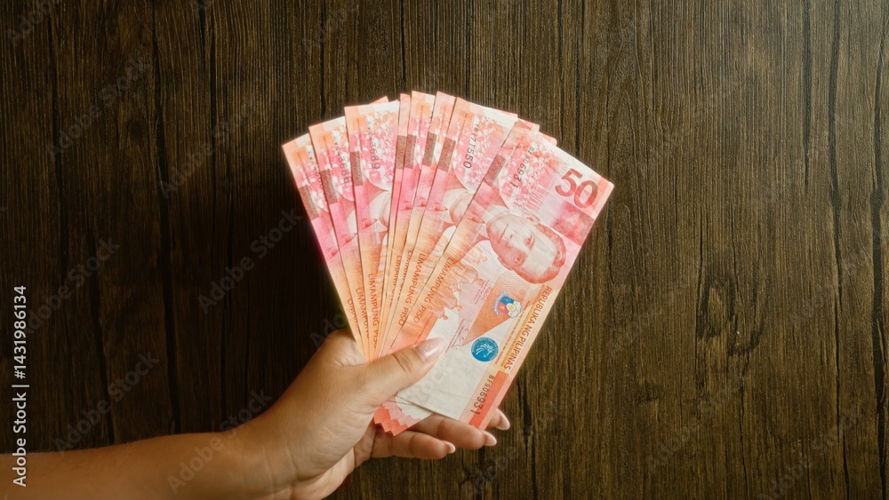 Woman holding multiple philippine peso bills against a rustic wood background, showcasing currency notes in her hand with fingers visible.