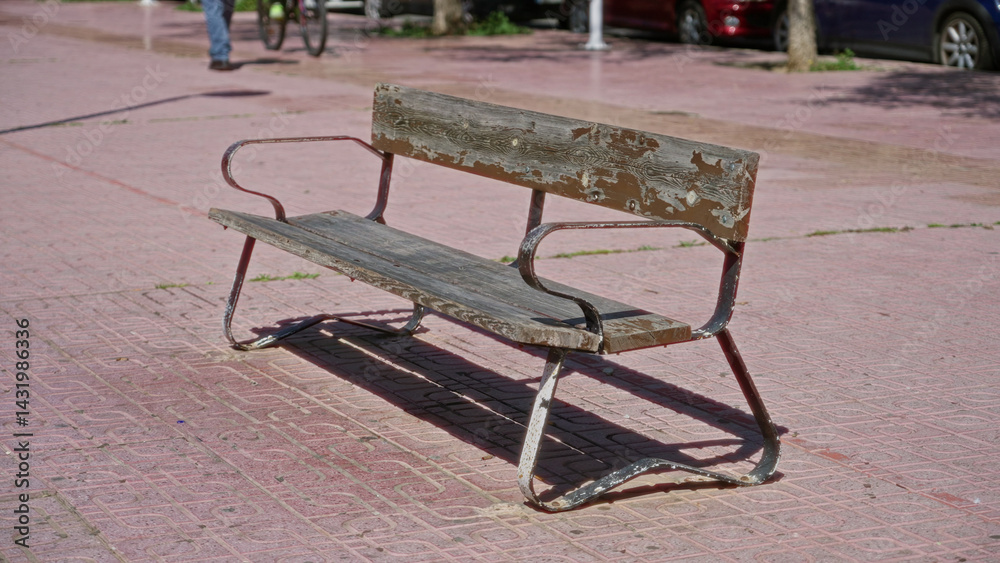 Weathered bench on sunny tiled sidewalk with cyclists and pedestrians in background capturing outdoor urban setting with rustic and vintage vibe.