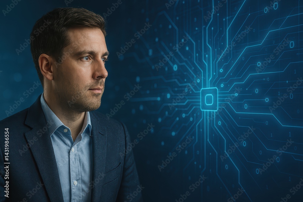 This image captures the essence of futuristic business technology and innovation. A businessman in a suit is interacting with a high-tech holographic interface, symbolizing digital transformation.