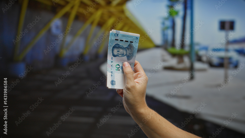 Hand holding chinese yuan banknotes outdoors in urban city street setting suggesting business transaction or financial exchange context with male presence implied.