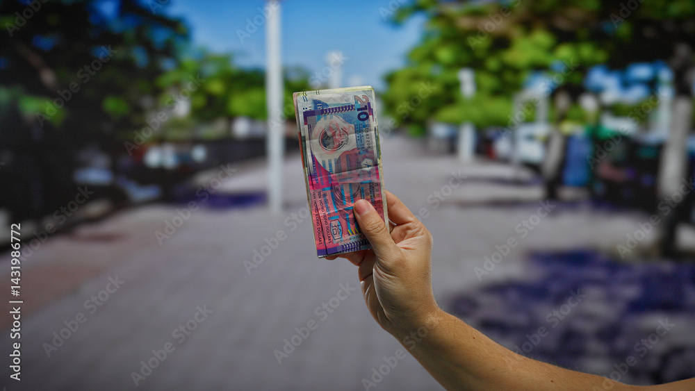 Hand holding vibrant hong kong banknotes outdoors in a busy urban street setting, symbolizing financial investment and currency in a bustling city environment.