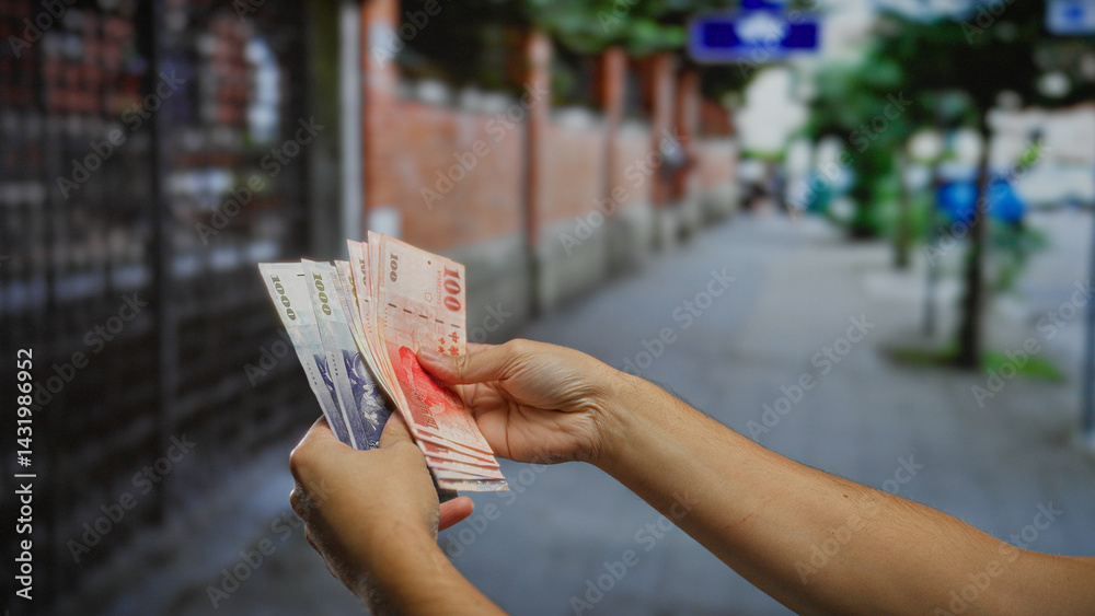 Man counting taiwan dollars on a street showcasing business and investment themes in an urban setting with focus on hand holding banknotes outdoors creatively.