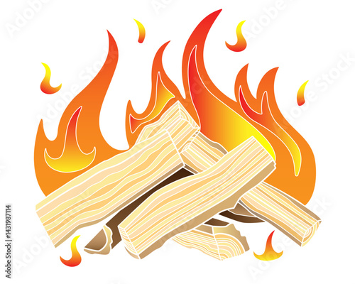 Bonfire. Burning wood, fire and sparks - vector full color illustration. Burning logs. Bright sparks over a hot hearth.	