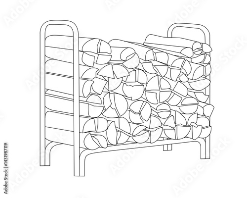 Woodpile with firewood vector linear illustration for coloring. Outline. A firewood stand filled with chopped logs for a coloring book. Fireplace wood folded on a special shelf.	