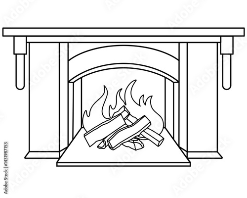 Fireplace - vector linear picture for coloring. Outline. Burning wood in the fireplace - element for a coloring book.	
