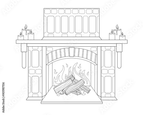 Decorative stone fireplace with candles on the mantelpiece - vector linear picture for coloring. Outline. The fire is burning in the fireplace - element for a coloring book. Burning firewood	