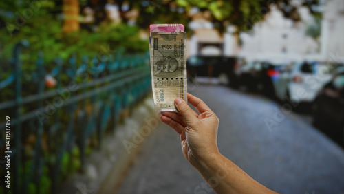 Hand holding indian rupee notes outdoors on a city street, highlighting finance and business in an urban setting.