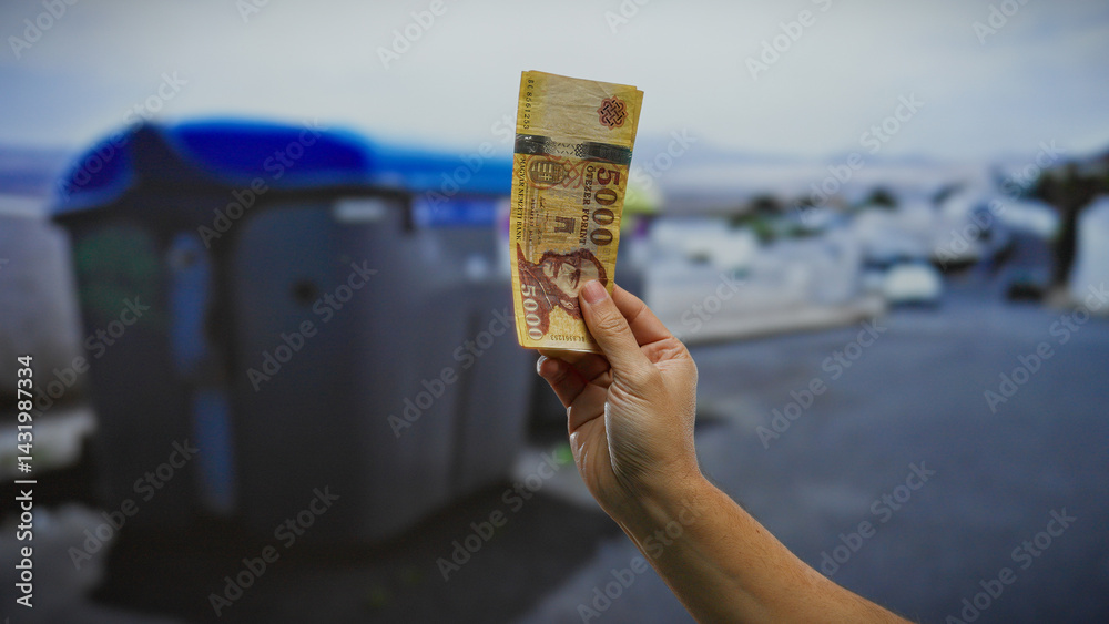 Hand of man holding hungarian forint banknotes outdoors near garbage container on city street in recycling location, suggesting economic themes in an urban environment.