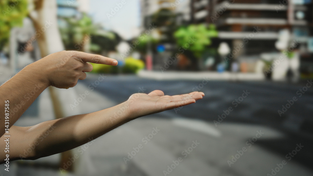 Man pointing at open palm in outdoor urban street setting with buildings in background, creating a gesture scene on a sunny day, capturing interaction in a city environment.