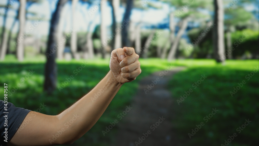 Man pointing with his finger at the camera in a lush green outdoor park, highlighting nature, direction, and expression in a garden setting under vibrant sunlight.