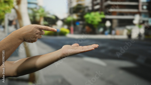 Man pointing at open palm in outdoor urban street setting with buildings in background, creating a gesture scene on a sunny day, capturing interaction in a city environment.