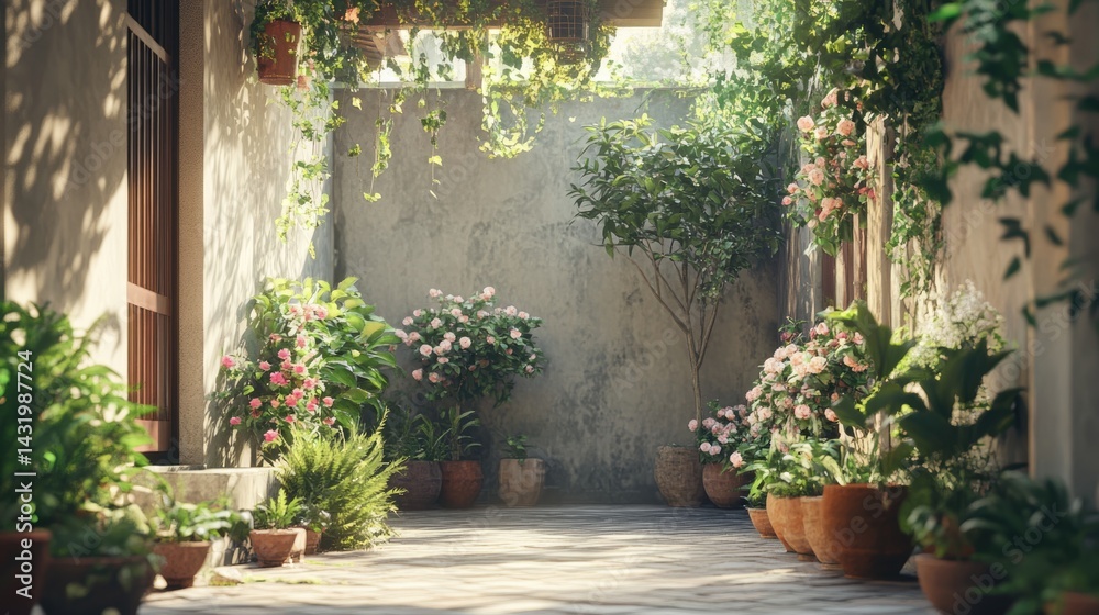 Fototapeta premium Sunlit Courtyard Garden with Blooming Pink Roses and Lush Greenery