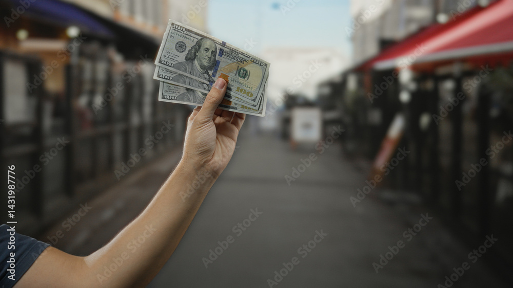 Man holding american dollars on a city street with restaurant terrace showing financial transaction concept
