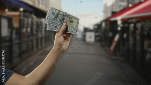 Obraz na płótnie Man holding american dollars on a city street with restaurant terrace showing financial transaction concept w salonie