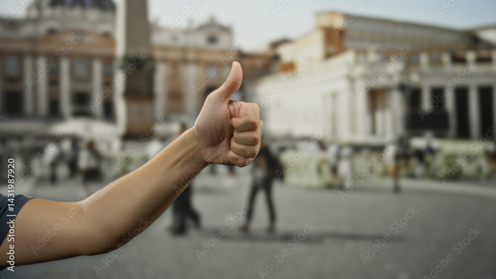 Man giving thumbs up with arm extended in front of st. peter's square, vatican, showing positive gesture in iconic outdoor location.