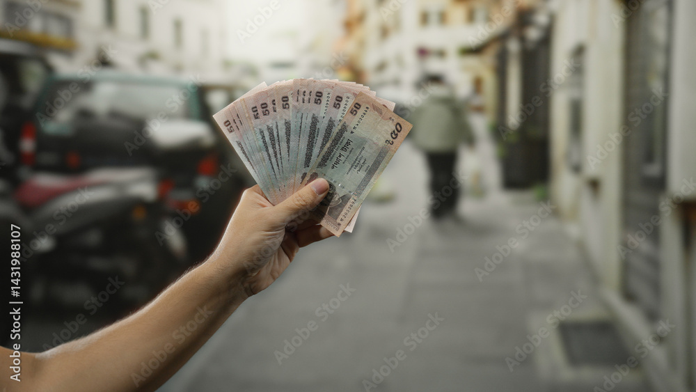 Man holding bangladeshi taka banknotes on a busy city street, capturing an outdoor scene with focus on currency and urban life.