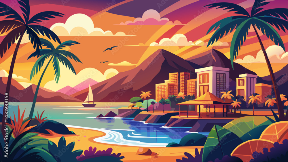 Travel, city and nature with palm trees for sunset, holiday or vacation trip to paradise for scenery. Landscape, outdoor or horizon in Hawaii, Oahu with buildings or tropical environment