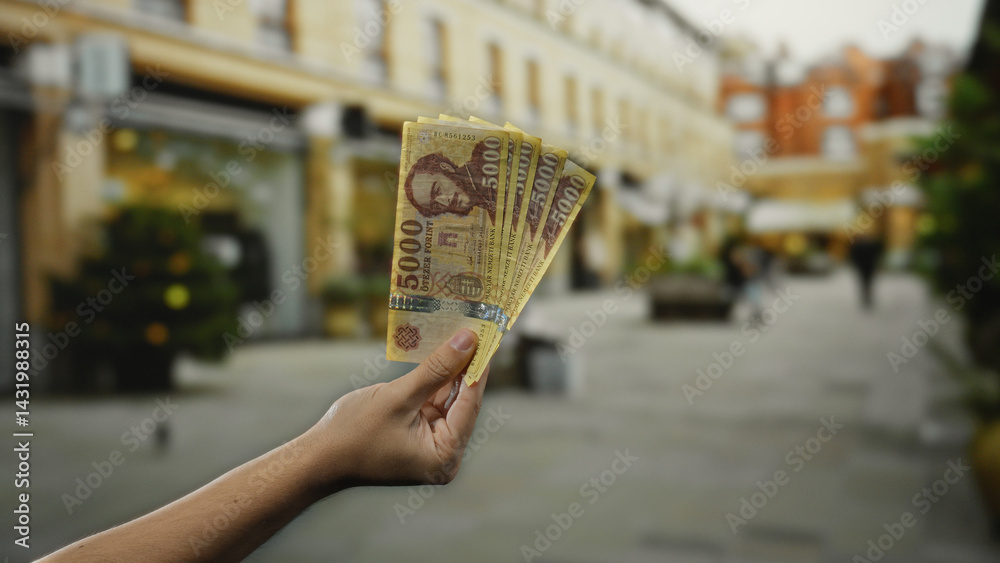 Man holding hungarian forint banknotes in hand on city street, capturing outdoor urban financial activities in hungary.