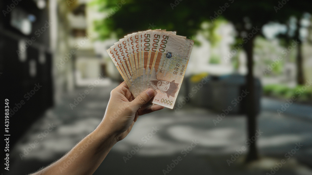 Man holding south korean won banknotes in his hand outdoors on a bustling city street, capturing the essence of urban life and financial transactions in a vibrant setting.