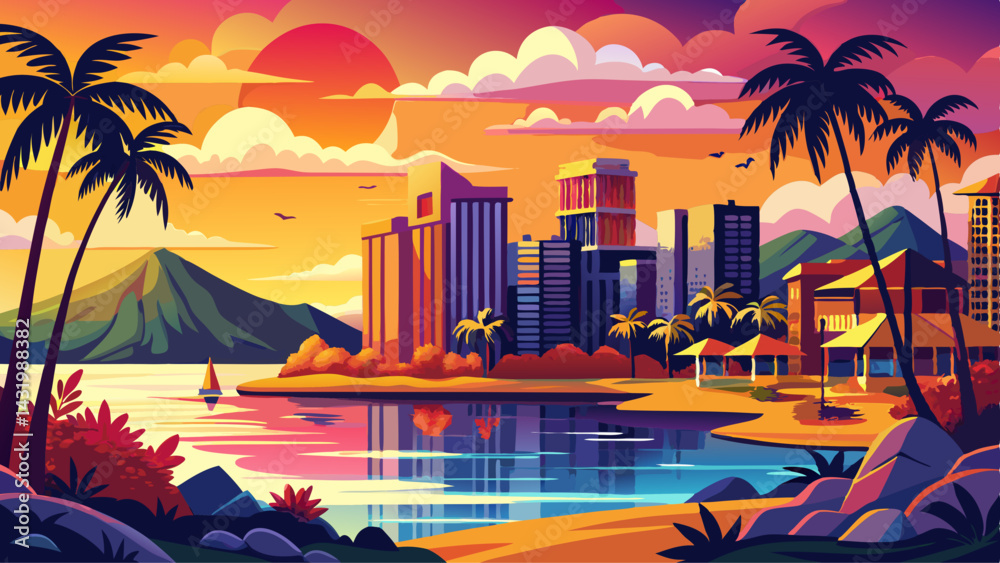 Travel, city and nature with palm trees for sunset, holiday or vacation trip to paradise for scenery. Landscape, outdoor or horizon in Hawaii, Oahu with buildings or tropical environment