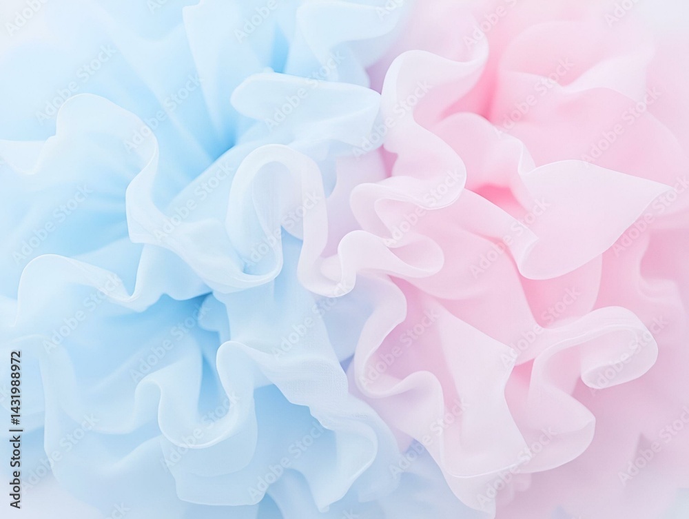 Pastel Blue and Pink Organza Ruffles, Transparent Textile