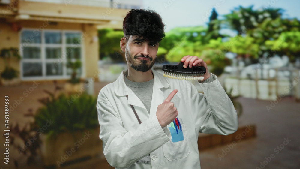 Young man in a white coat pointing at dental shade guide in an urban outdoor setting with blurred background of a city street.