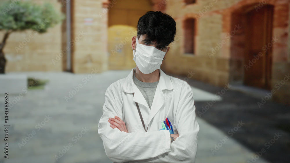 Young man in medical mask and white coat stands confidently outdoors at a historic university setting, embodying a modern academic professional demeanor.