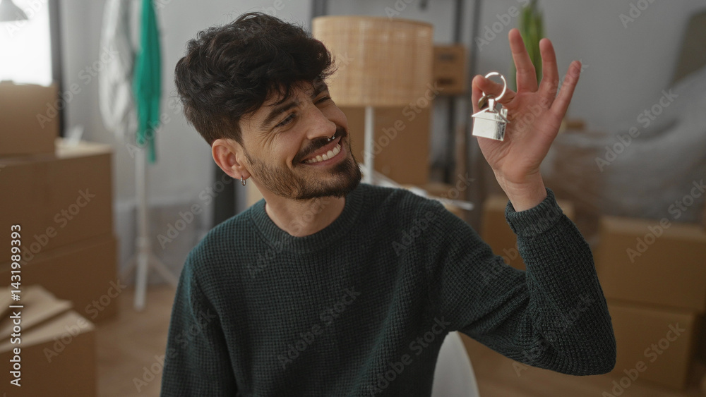 Young man smiling in new home surrounded by boxes holding house key in living room indicating successful moving and new beginnings