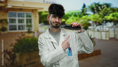 Obraz na płótnie Young man in a white coat pointing at dental shade guide in an urban outdoor setting with blurred background of a city street. w salonie