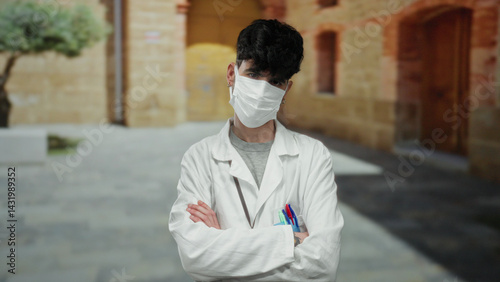 Young man in medical mask and white coat stands confidently outdoors at a historic university setting, embodying a modern academic professional demeanor.