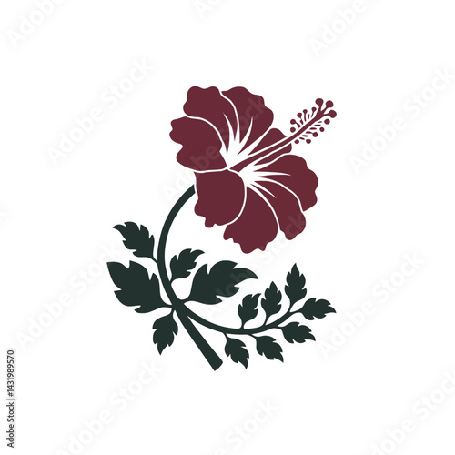 A stylized depiction of a hibiscus flower features deep red petals and a contrasting dark green stem with leave